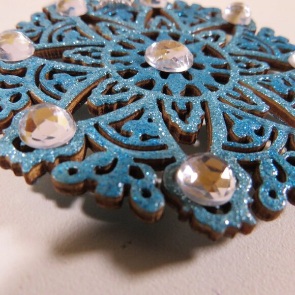 Turquoise Circle Medallion Laser Cut Wooden Ornament with Rhinestones Hangs - Picture 5 of 8